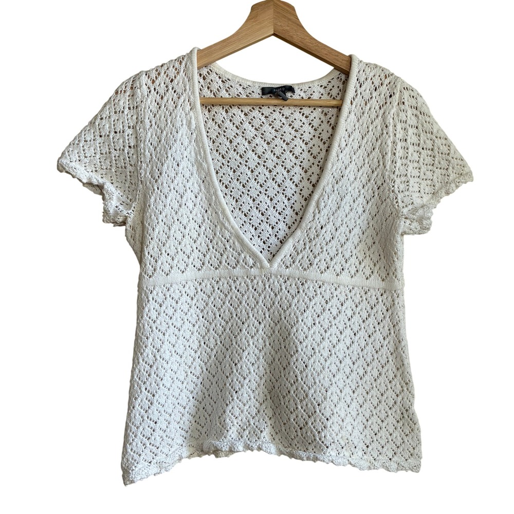Apt. 9 Crochet Knit V-Neck Top Large Ivory Women Cotton Short Sleeve